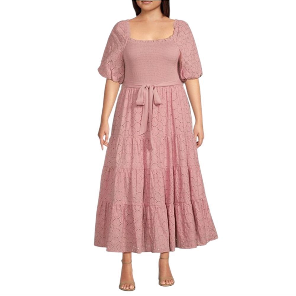 Westbound Pink Smocked Eyelet Cotton Maxi Dress Women's Size Large NEW